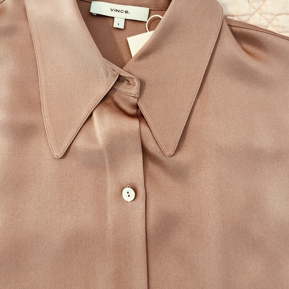 Vince 100% Silk Button-Up Blouse in a Gorgeous medium Taupe Colour